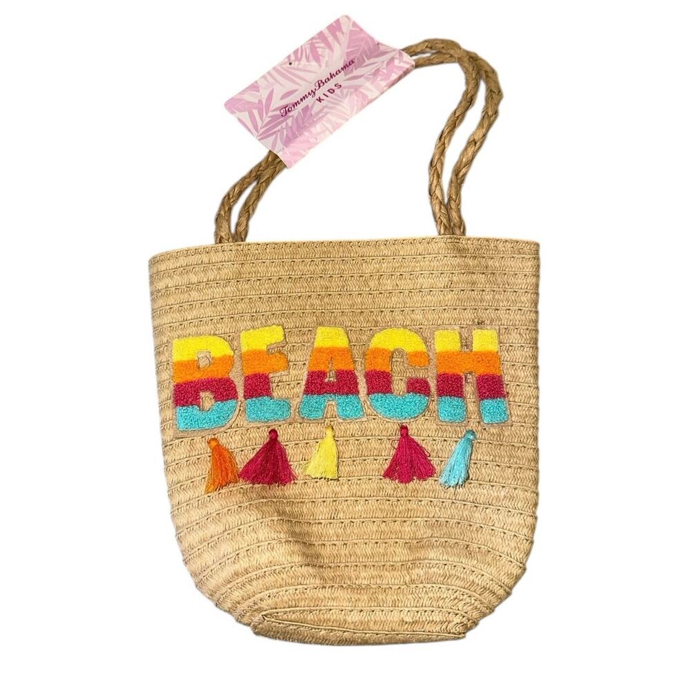 NWT Tommy Bahama Kids Beach Tote Straw Bag Rainbow Beach Tassel Summer Vacation